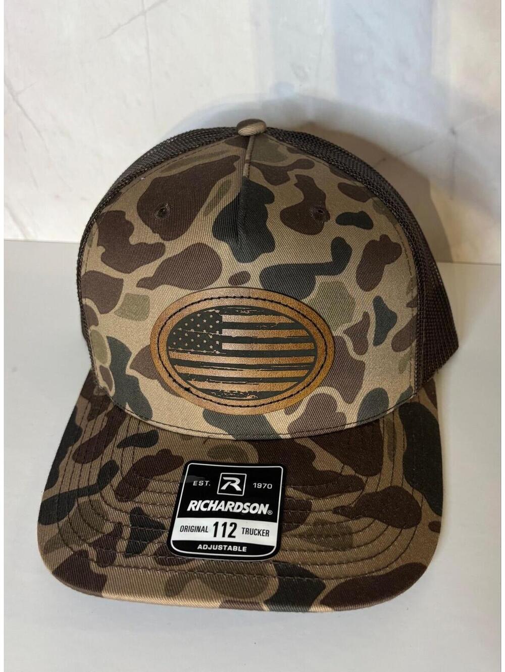 Richardson 112 Camo Trucker Hat American Flag Leather Patch Snapback New Custom